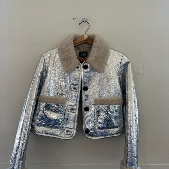 J. Crew Jackets & Blazers - J. Crew Limited Edition Silver Metallic Cropped Leather and Shearljng Jacket